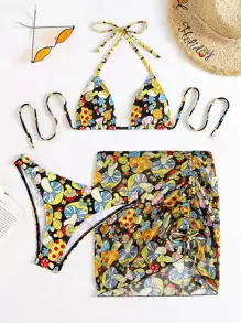 3packs Plant Print Halter Bikini & Beach Skirt For Summer Beach Vacation - Multicolor - View 4