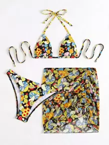 3packs Plant Print Halter Bikini & Beach Skirt For Summer Beach Vacation - Multicolor - View 5
