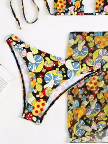 3packs Plant Print Halter Bikini & Beach Skirt For Summer Beach Vacation - Multicolor - View 7