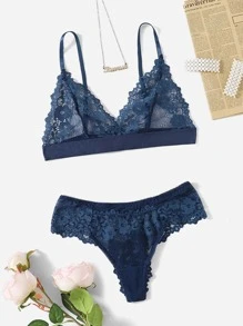 Conjunto de lencería Bra triangular y panty de encaje floral - Azul Marino - Ver 6