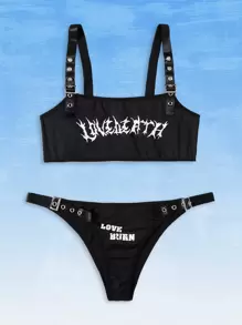 Aak Letter Graphic Eyelet Buckle Strap Lingerie Set - Black - View 1