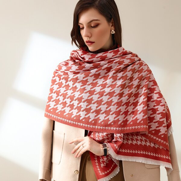 

Houndstooth Print Scarf, Red and white