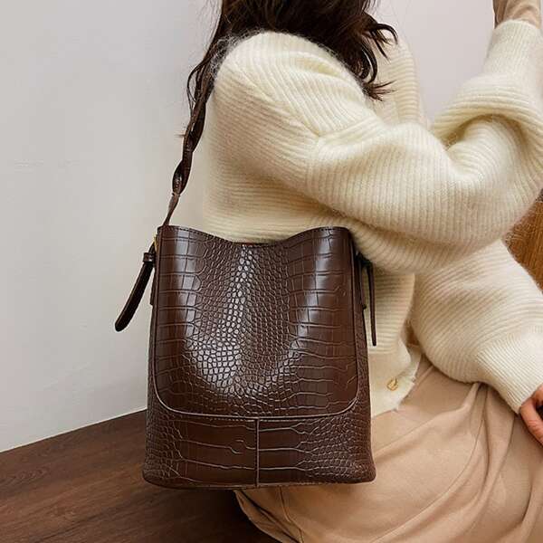 

Croc Embossed Bucket Bag, Coffee brown
