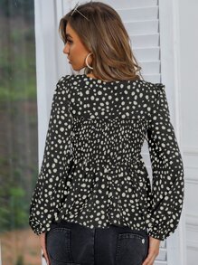 SHEIN Privé Dalmatian Print Square Neck Shirred Peplum Blouse - Multicolor - View 2
