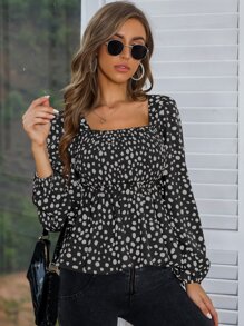 SHEIN Privé Dalmatian Print Square Neck Shirred Peplum Blouse - Multicolor - View 4