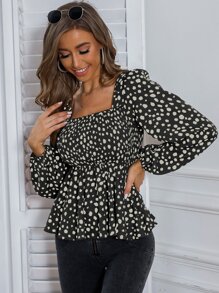 SHEIN Privé Dalmatian Print Square Neck Shirred Peplum Blouse - Multicolor - View 5