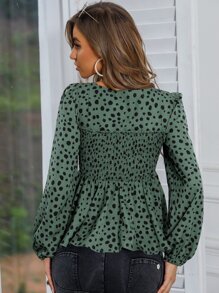 SHEIN Privé 斑點印花方領打褶荷葉邊下擺襯衫 - 彩色 - 查看 2