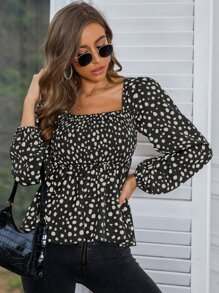 SHEIN Privé Dalmatian Print Square Neck Shirred Peplum Blouse - Multicolor - View 6