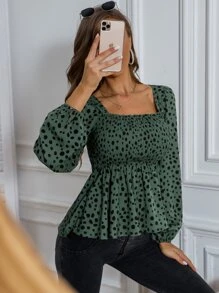 SHEIN Privé 斑點印花方領打褶荷葉邊下擺襯衫 - 彩色 - 查看 4