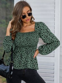 SHEIN Privé 斑點印花方領打褶荷葉邊下擺襯衫 - 彩色 - 查看 5
