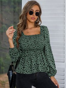 SHEIN Privé 斑點印花方領打褶荷葉邊下擺襯衫 - 彩色 - 查看 6