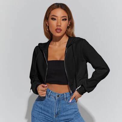 가을/겨울 솔리드 지퍼 드로스트링 후드티