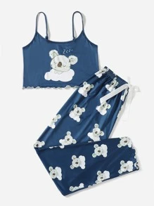 SweetSlumber Bear Print Lettuce Trim PJ Set / Pajama Set - Multicolor - View 3