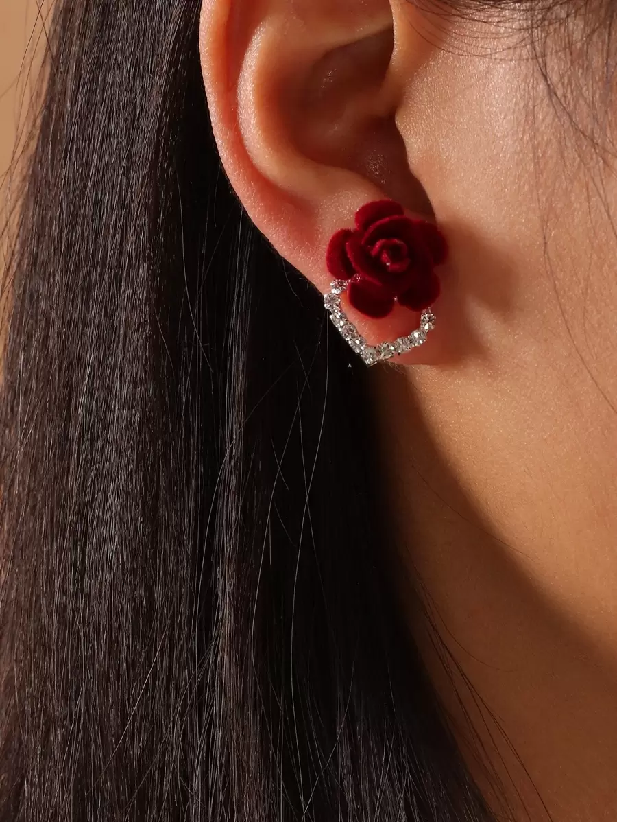 1 对精致水晶心形花朵新娘耳环，女士耳环首饰，适合情人节 - 酒紅色 - 查看 1