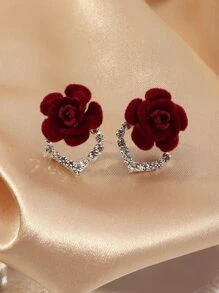 1 对精致水晶心形花朵新娘耳环，女士耳环首饰，适合情人节 - 酒紅色 - 查看 2