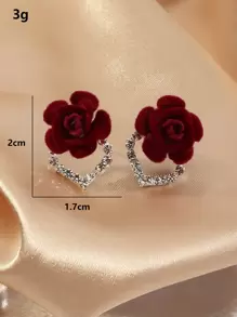 1 对精致水晶心形花朵新娘耳环，女士耳环首饰，适合情人节 - 酒紅色 - 查看 3