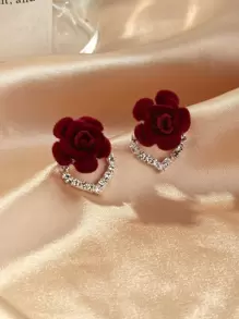 1 对精致水晶心形花朵新娘耳环，女士耳环首饰，适合情人节 - 酒紅色 - 查看 4
