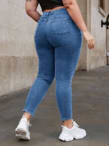 SHEIN Essnce Jeans ajustados con bolsillo oblicuo - Azul lavado medio - Ver 2