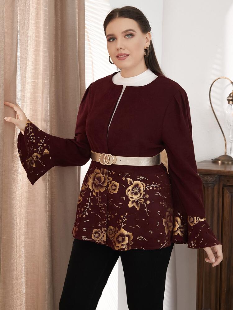 Plus Gold Floral Print Flounce Sleeve Corduroy Coat With Belt