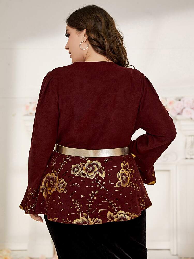 Plus Gold Floral Print Flounce Sleeve Corduroy Coat With Belt