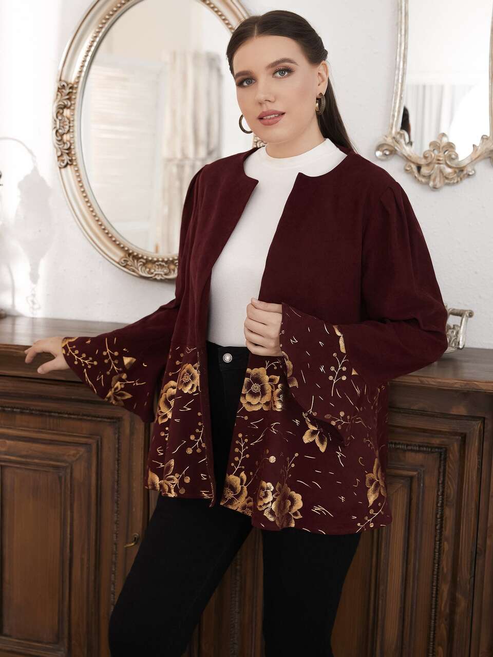 Plus Gold Floral Print Flounce Sleeve Corduroy Coat With Belt