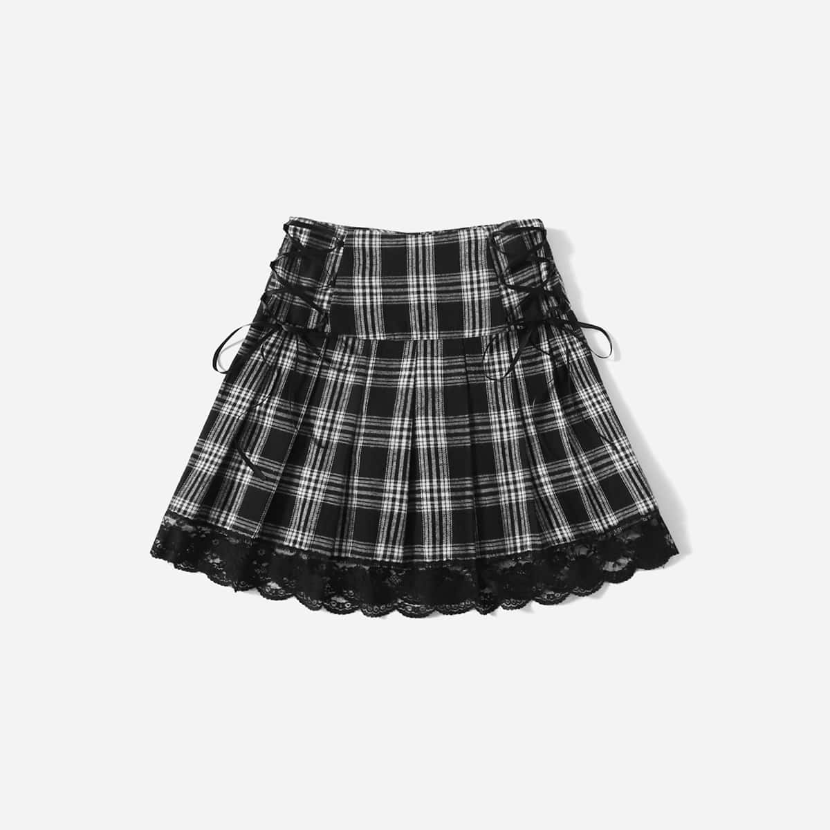 

Contrast Lace Lace Up Skirt, Black and white