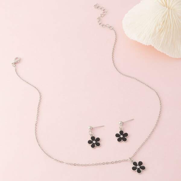 

Flower Decor Drop Earrings & Necklace, Black