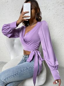 SHEIN Privé 重疊領帶側邊束腰上衣袖上衣 - 紫羅蘭色 - 查看 2