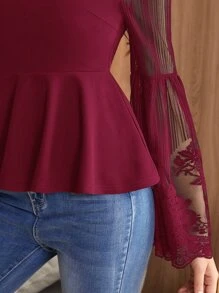 SHEIN Clasi Top bajo con fruncido de manga campanuda con diseño de encaje - Burdeos - Ver 4