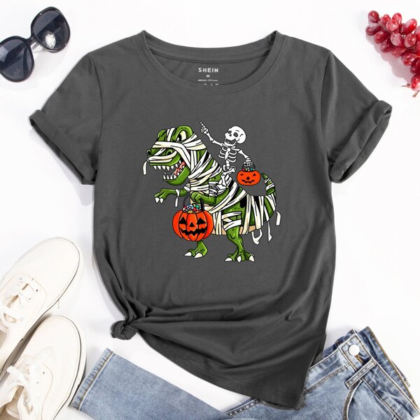 

Dinosaur & Halloween Pumpkin Print Tee, Dark grey