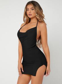 SHEIN SXY 後背繫帶M型開叉下擺洋裝 - 黑色 - 查看 4