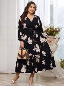 Modelyn 大碼印花繫腰帶連衣裙 - 黑色 - 查看 1