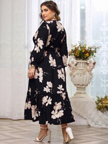 Modelyn 大碼印花繫腰帶連衣裙 - 黑色 - 查看 2