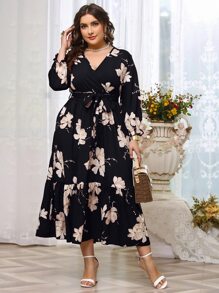 Modelyn 大碼印花繫腰帶連衣裙 - 黑色 - 查看 3