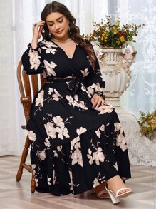 Modelyn 大碼印花繫腰帶連衣裙 - 黑色 - 查看 6