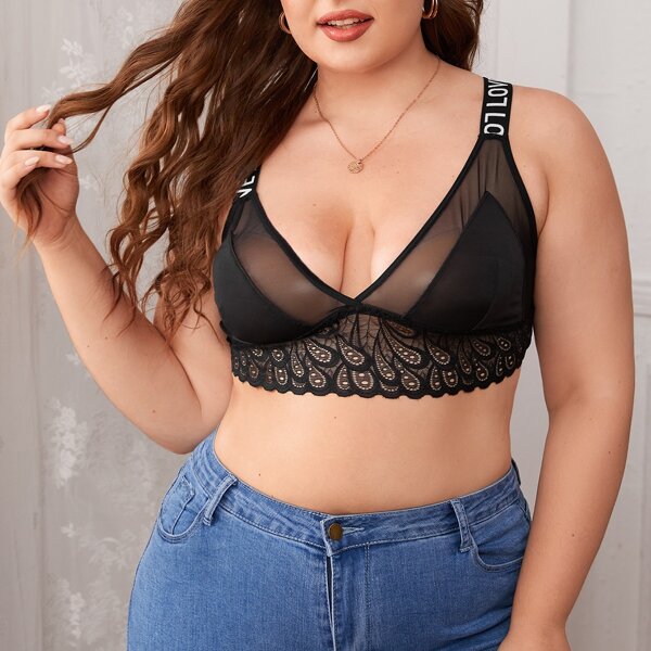 

Plus Contrast Mesh Letter Tape Bralette, Black