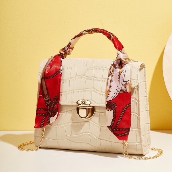 

Croc Embossed Twilly Scarf Decor Chain Square Bag, Beige