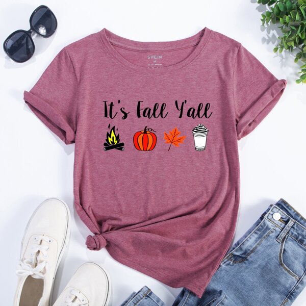 

Leaf & Slogan Graphic Tee, Red violet