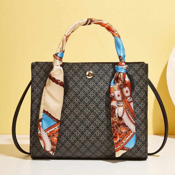 

Geometric Pattern Twilly Scarf Decor Satchel Bag, Multicolor