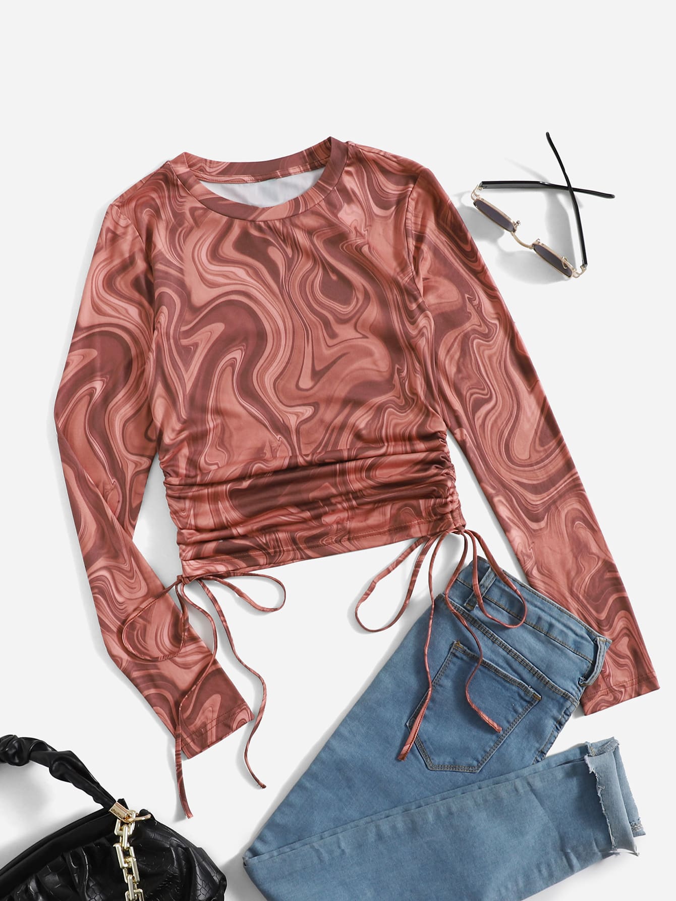 SHEIN EZwear Drawstring Ruched Marbled Tee