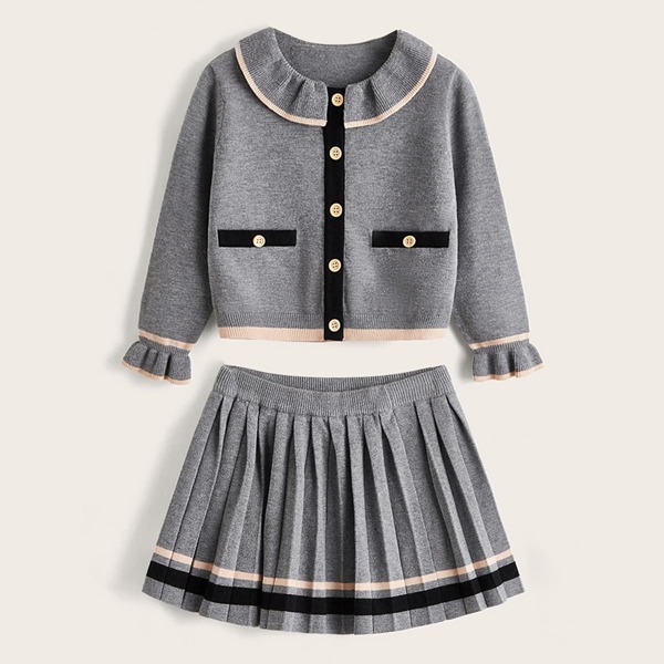 

Toddler Girls Peter Pan Collar Flounce Sleeve Cardigan & Pleated Skirt, Grey