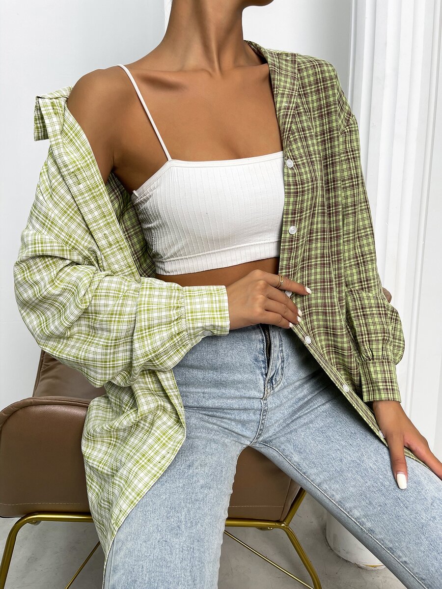 SHEIN Essnce Áo sơ mi nữ Bất đối xứng Nút phía trước kẻ sọc Sẵn sàng - Nhiều màu - Xem 1