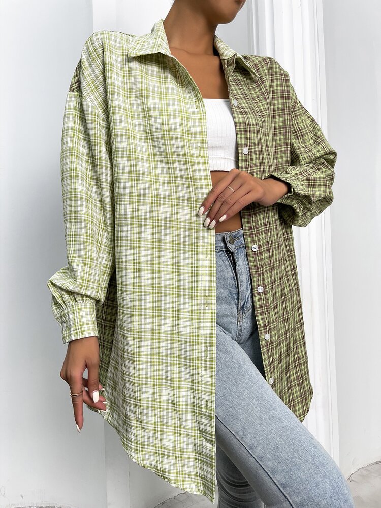 SHEIN Essnce Áo sơ mi nữ Bất đối xứng Nút phía trước kẻ sọc Sẵn sàng - Nhiều màu - Xem 5