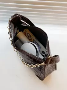 Stylish Crocodile Embossed Chain Underarm Shoulder Bag - Coffee Brown - View 4