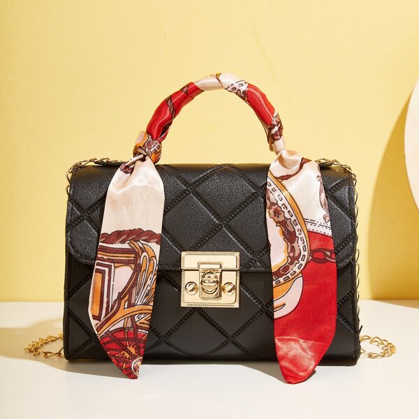 

Twilly Scarf Decor Satchel Bag, Black