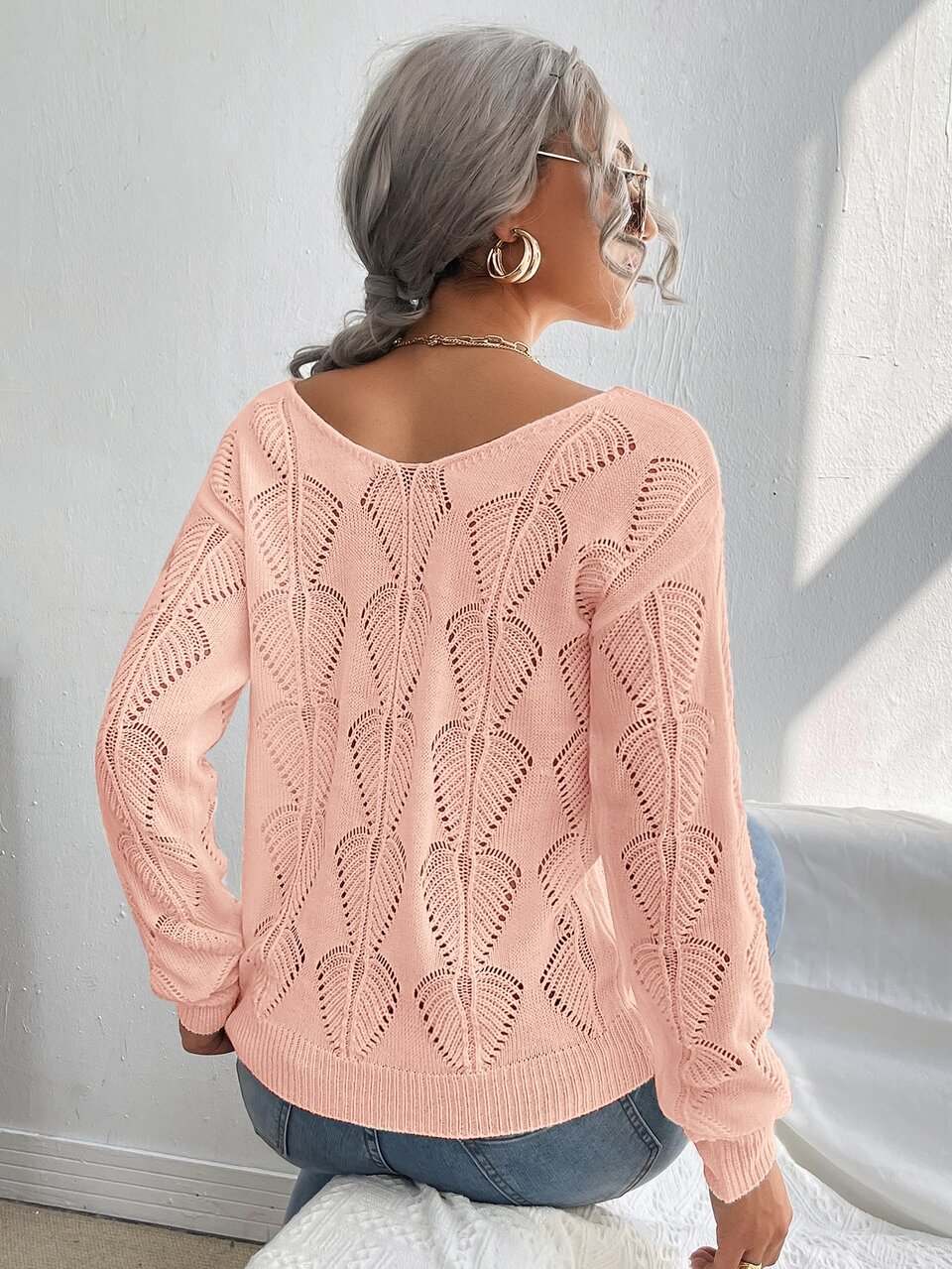 Solid Pointelle Drop Shoulder Sweater Knit Pullover Fall Winter