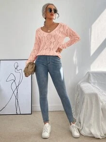 Chiquease Solid Pointelle Drop Shoulder Jumper - Pink - View 5