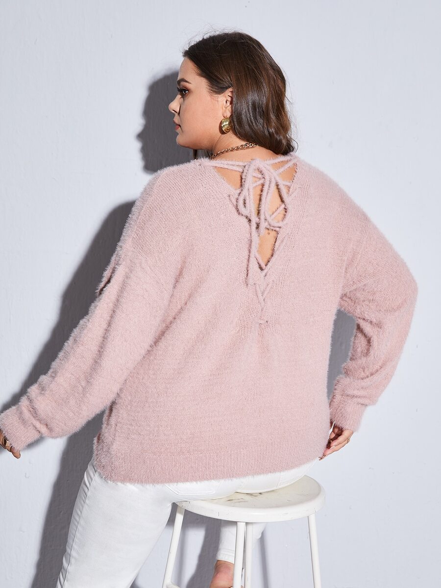 Calvaya Plus Solid Tie Back Button Front Drop Shoulder Cardigan - Baby Pink - View 1