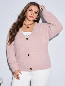 Calvaya Plus Solid Tie Back Button Front Drop Shoulder Cardigan - Baby Pink - View 2
