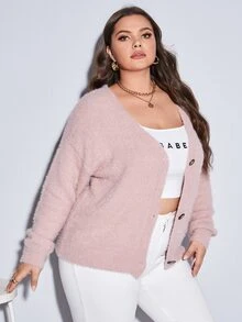 Calvaya Plus Solid Tie Back Button Front Drop Shoulder Cardigan - Baby Pink - View 4